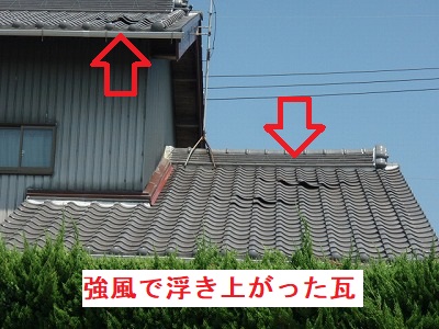 蒲郡市にて竜巻のような突風で浮き上ってしまった日本瓦葺き屋根を無料調査しました